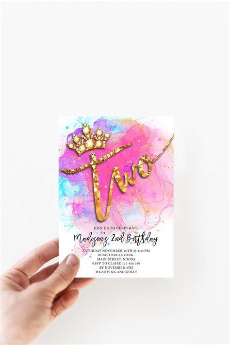 2nd Pink Gold Glitter Birthday Invitation Crown Editable Gold Invite Watercolor Gold Foil