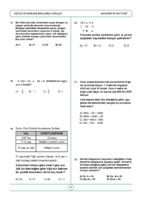 S N F E Itlik Ve Denklem Meb Km Sorular Matematik Vakti