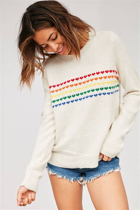 Cooperative Rainbow Hearts Sweater White Long Sleeve Sweater Heart