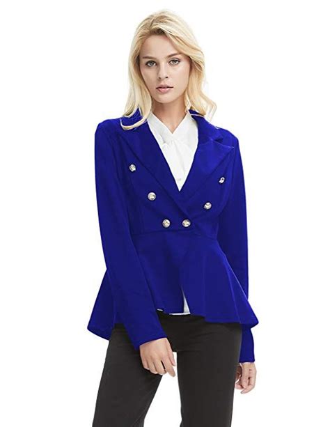 Cekaso Womens Peplum Blazer One Button Crop Frill Ruffle Hem High Low Work Blazer Blue Ussize