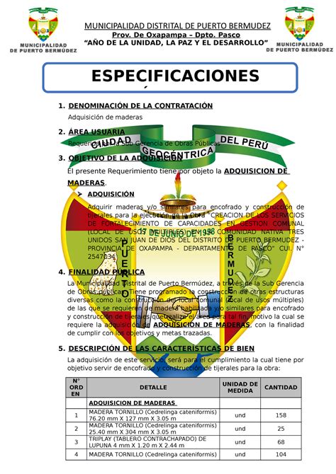 Especificaciones Tecnicas Adquisicion De Maderas Prov De