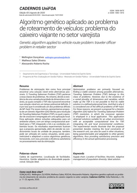 Pdf Algoritmo Gen Tico Aplicado Ao Problema De Roteamento De Ve Culos