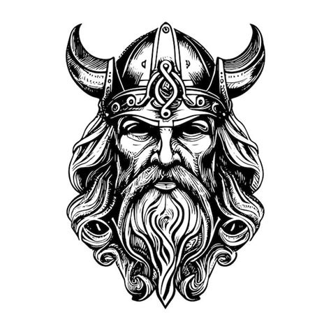 A Viking With Long Hair And Beard Wearing A Helmet On His Head Drawn