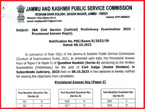 JKPSC Civil Judge Answer Key 2023 Released Check And Raise Objections