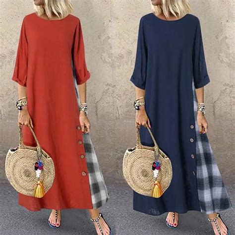 Zanzea Women S Check Sundress Autumn Stitching Maxi Dress Casual