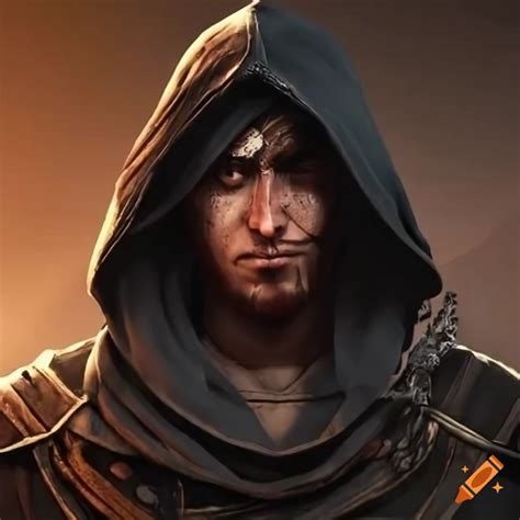 Close Up Of An Arabic Assassin In Black Robe With Scar On Face