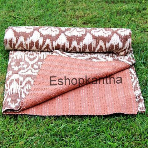 Brown Handmade Ikat Kantha Quilt Indian Cotton Kantha Blanket Etsy