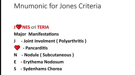 Mnemonic For Jones Criteria For Rheumatic Fever Diagnosis Jones Criteria Major And Minor