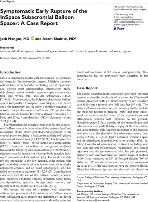 Symptomatic Early Rupture Of The Inspace Subacromial Balloon Spacer A Case Report Jack Mangan