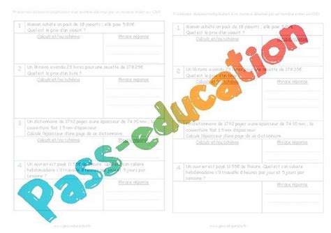 Division et multiplication des nombres décimaux Cm1 Problèmes PDF