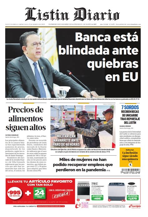 Portada Periódico Listín Diario Miércoles 15 Marzo 2023 Dominicana Do