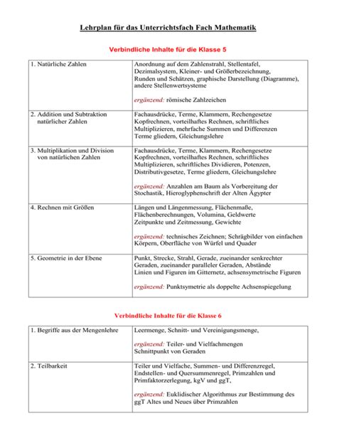 Lehrplan F R Das Unterrichtsfach Fach Mathematik