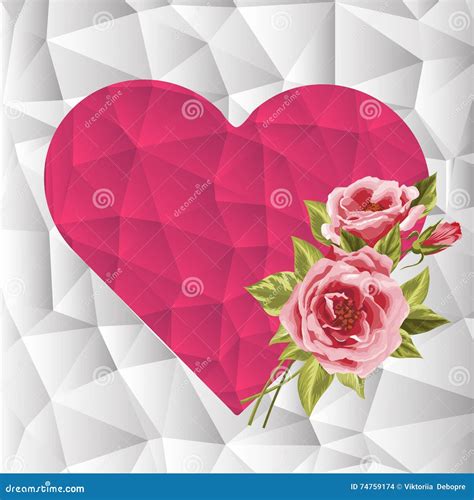 Pink Triangle Geometrical Heart With Roses Stock Vector Illustration