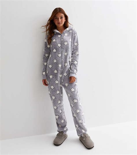 Girls Grey Star Print Fleece Onesie | New Look