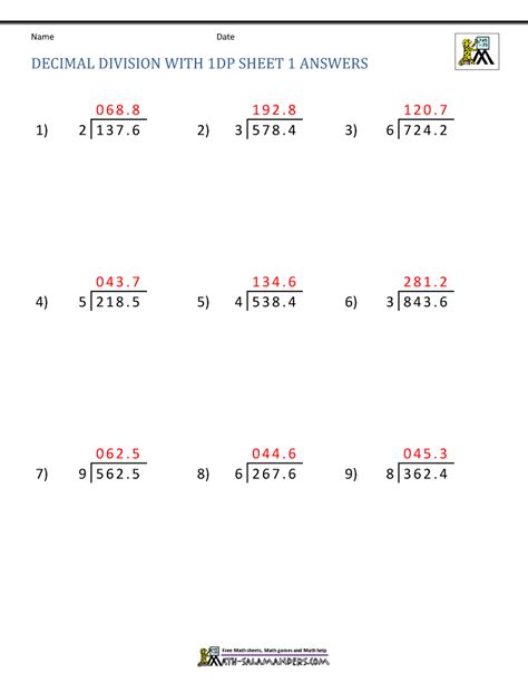 Division Of Decimal Numbers Worksheets