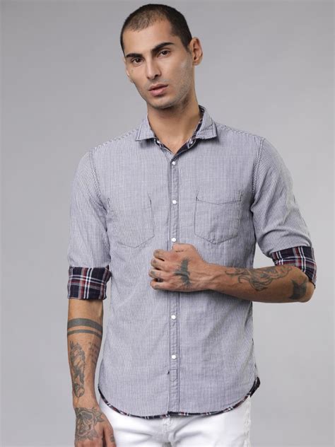 Buy Locomotive Navy Blue White Slim Fit Checked Casual Shirt For Men