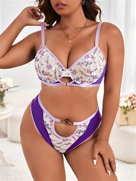 Plus Floral Lace Ring Linked Underwire Lingerie Set Shein Usa