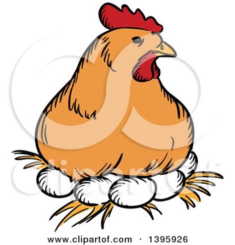 Clipart Of A Sketched Chicken Hen Resting On Eggs Royalty Free Vector