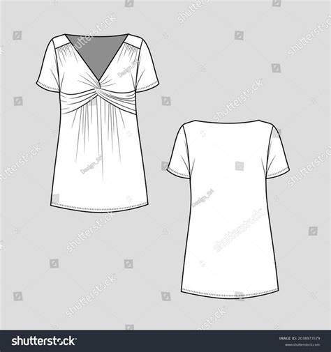 Womens Tunic Top Front Twist Knot Gathering V Neck T Shirt Top Fashion Flat Sketch Drawing