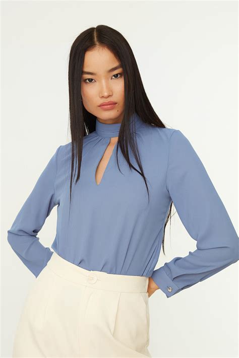 Neck Detailed Blouse Blue Trendyol Blouses Superbalist