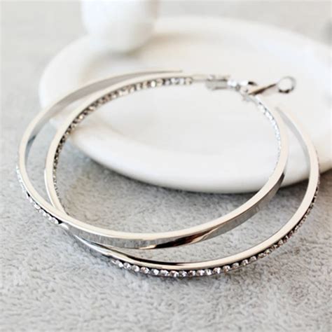 1 Pair Stering Real Silver 30 80mm Fashion Elegant Round Crystal Big Huge Hoop Earrings Women