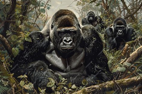 Premium Photo A Painting Of Three Gorillas In A Jungle