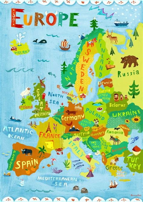 Europe Map Illustration / Digital Print Poster / Kidschengel - Map Of ...