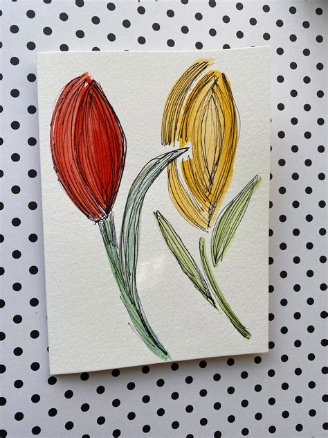 Homemade Tulip Card Watercolor Tulip Card Original Tulip Etsy