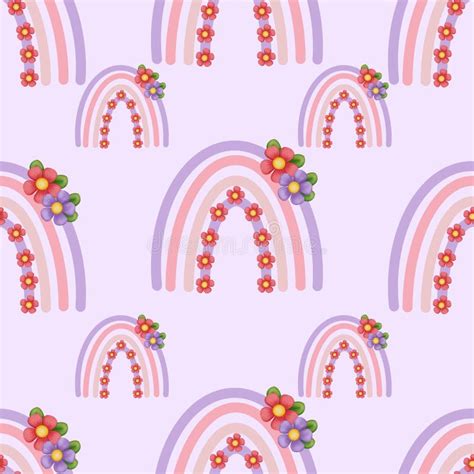 Boho Rainbow Seamless Pattern With Red And Purple Spring Flowers Stock