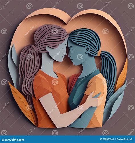 Lesbian Couple Hugging Each Other Illustration In Paper Art Style