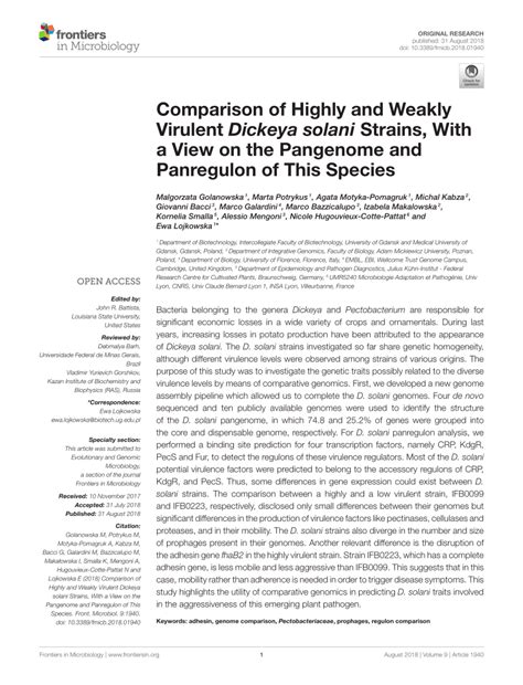 Pdf Comparison Of Highly And Weakly Virulent Dickeya Solani Strains With A View On The