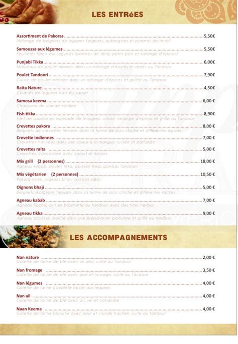 Menu Au Rajasthan Restaurant Lorient