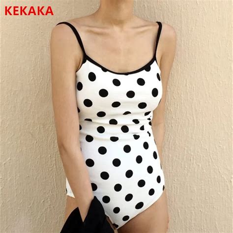 KEKAKA Black White Polka Dot One Piece Swimsuit 2019 Korea Style Push