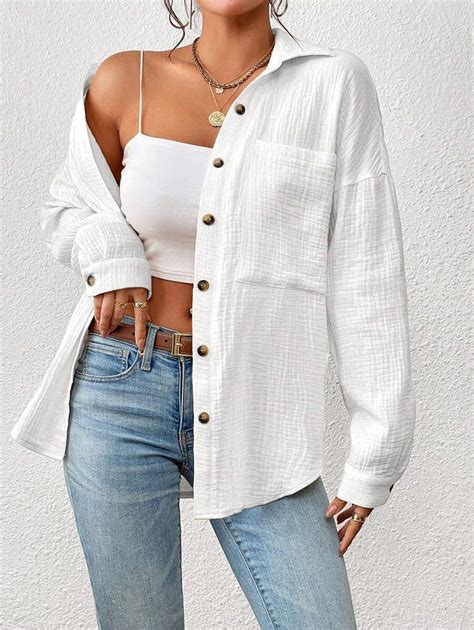 SHEIN Essnce Drop Shoulder Pocket Patched Button Front Shirt Long