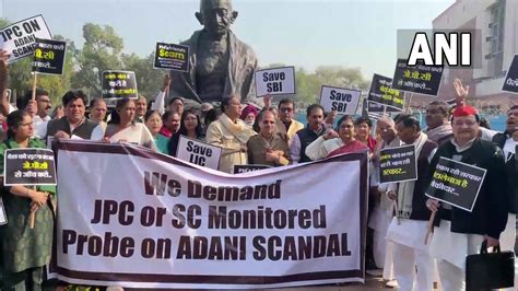 Adani Vs Hindenburg Opposition Leaders Protest Outside Parliament To