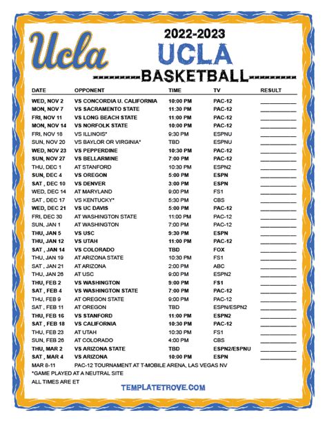 Printable 2022-2023 UCLA Bruins Basketball Schedule