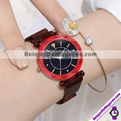 Reloj Rojo Extensible Metal Mesh Iman Caratula Destellos Y Diamantes