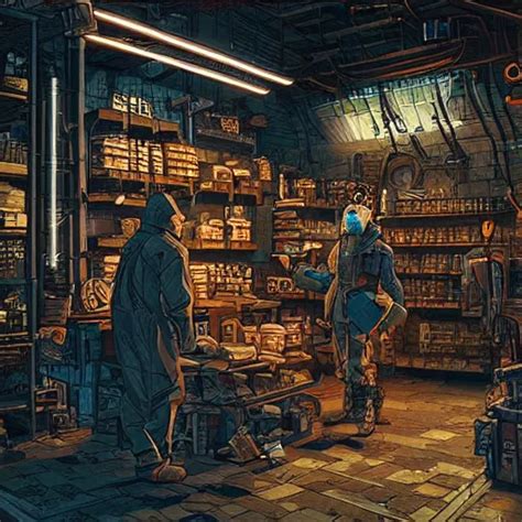 Cyberpunk Merchant In Their Shop Industrial Scifi Stable Diffusion