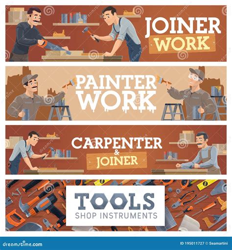 Woodworking And Painting Tools Shop Vector Banner Stock Vector