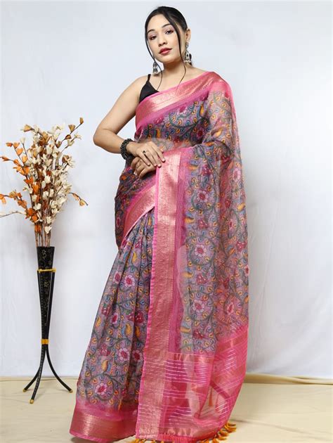 Women S Pure Organza Kalamkari Printed Saree Dvz Dvanza