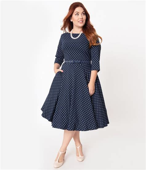 Unique Vintage Plus Size 1950s Navy And White Pin Dot Devon Swing Dress