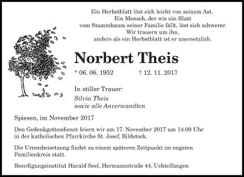 Traueranzeigen Von Norbert Theis Saarbruecker Zeitung Trauer De