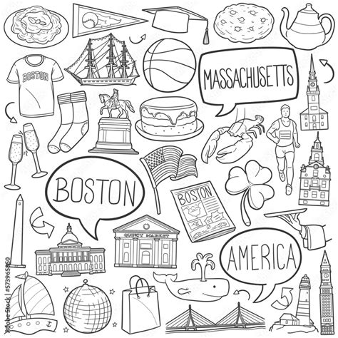 Boston MA USA Doodle Icons Hand Made Line Art Massachusetts City