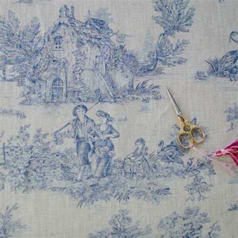 Lin Toile de Jouy impression bleue sur écru French Fabric au demi