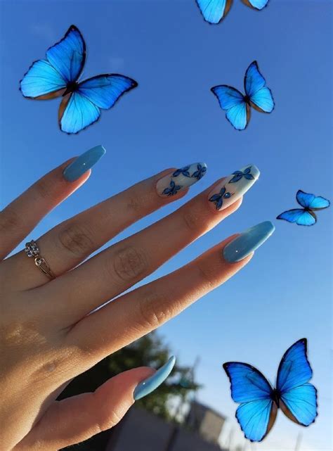 Blue Nails With Butterfly Sticker Diamond Nails Cloud Nail Designs