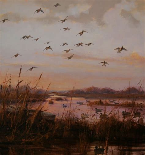 A Painting Of Birds Flying Over A Body Of Water With Reeds In The