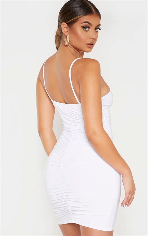 White Slinky Strappy Ruched Back Bodycon Dress Prettylittlething