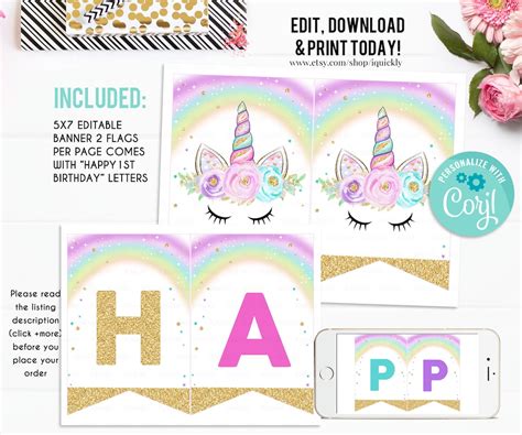 Editable Unicorn Banner Happy Birthday Banner Printable 1st Birthday