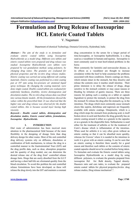 Formulation And Drug Release Of Isoxsuprine Hcl Enteric Coated Tablets