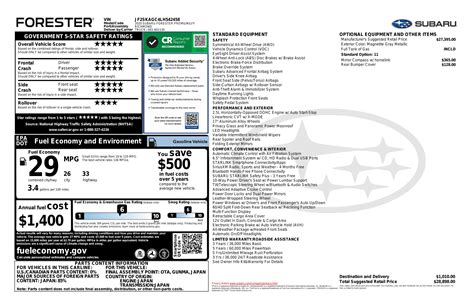 Window Sticker For 2020 Subaru Forester Premium Cvt